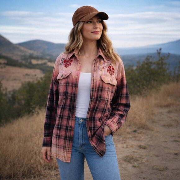 Upcycled Hand PaintedFlowers Butterflies Flannel Shirt - Bleached Red M - Picture 3 of 10